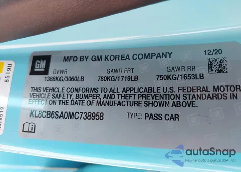 2021 Chevrolet Spark Fwd Ls Automatic из США, поврежденный, VIN KL8CB6SA0MC738958